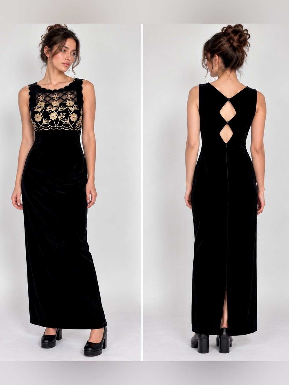 VTG 90s Scott McClintock Black Velvet Maxi Dress 14 Petites Prom Whimsigoth Y2K